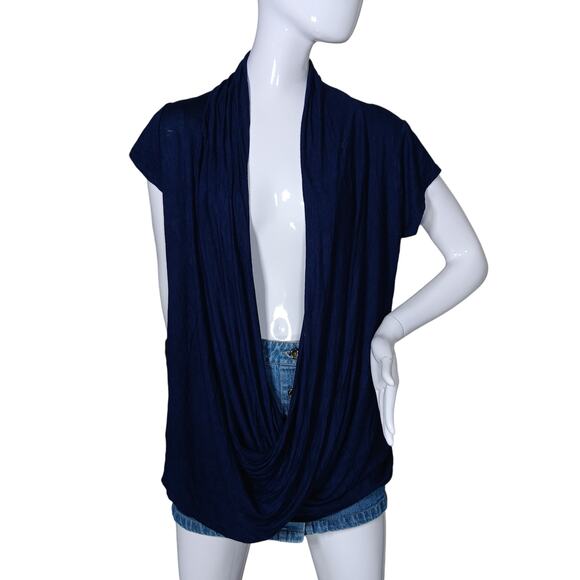 Free To Live Overlap Draped Cardigan Size Medium Navy Blue Short Sleeve - Picture 2 of 7